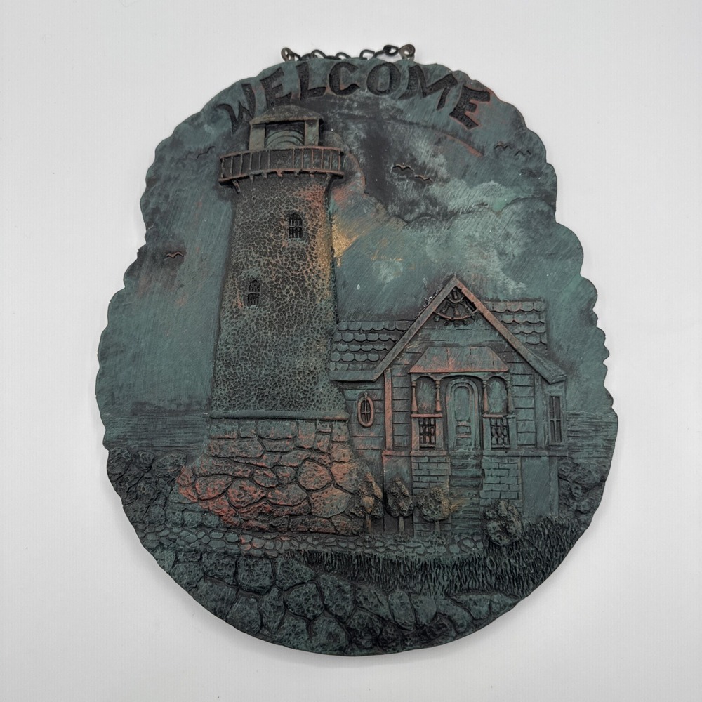 Vintage Welcome Lighthouse Wall Plaque Nautical Coastal Resin Verdigris Decor